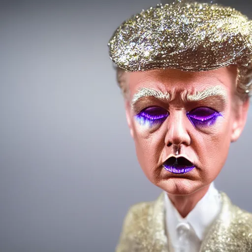 Image similar to Donald Trump with silver-violet hair, white eyes and golden glittery dress, wide lens, diorama, 4k,