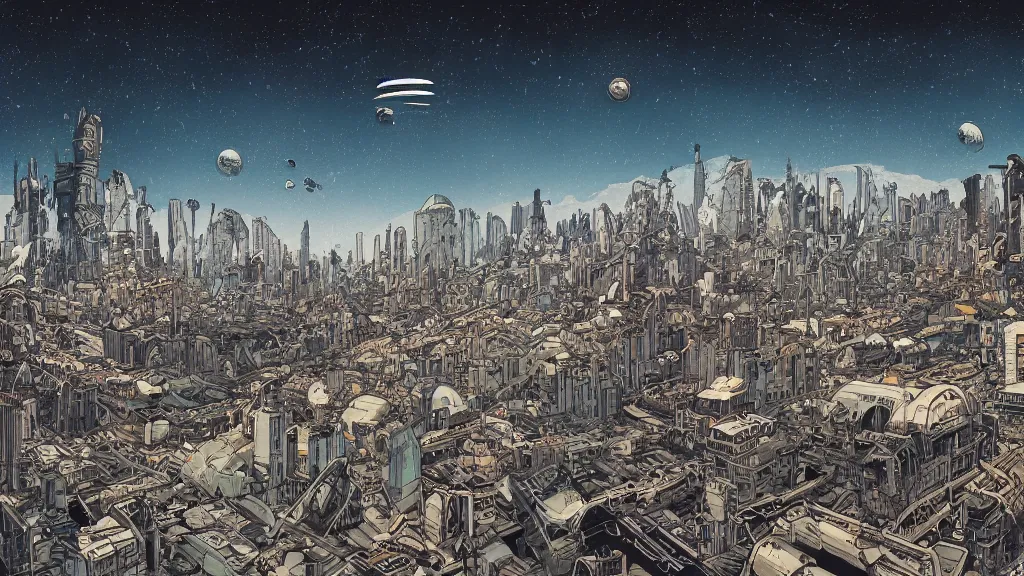 Image similar to very detailed, prophet graphic novel, ilya kuvshinov, mcbess, rutkowski, simon roy, illustration of decrepit arcologies skyline dystopian megacity with space junk floating in the sky on a dead planet earth, nature taking city back, flourishing jungle covering ruins, wide shot, colorful, deep shadows, astrophotography