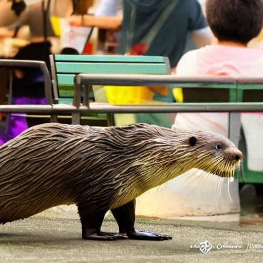 Image similar to an otter eating at a mall food court in the style of Studio Ghibli