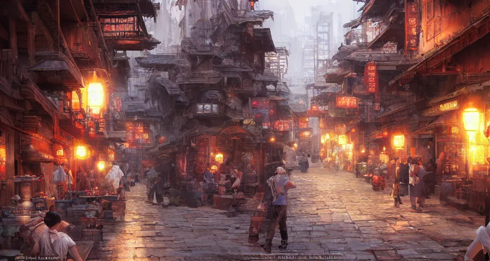Image similar to craig mullins and ghibli digital art of chinatown street, sunset alley, in the bustling ancient chinese city, the god of erlang yang jian came from a distance, unreal engine, hyper realism, realistic shading, cinematic composition, realistic render, octane render, detailed textures, photorealistic, wide shot