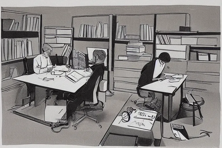 Prompt: “ a jacques kleynhans illustration of office work ”