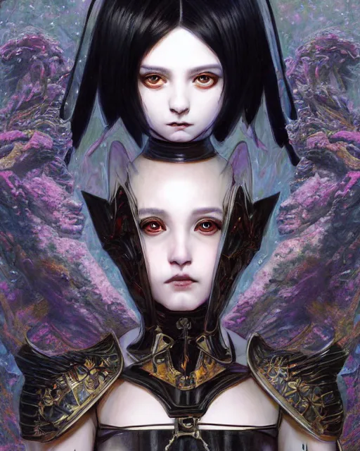 Image similar to portrait of beautiful cute young goth maiden girl with short white hairs in warhammer armor, art by ( ( ( kuvshinov ilya ) ) ) and wayne barlowe and gustav klimt and artgerm and wlop