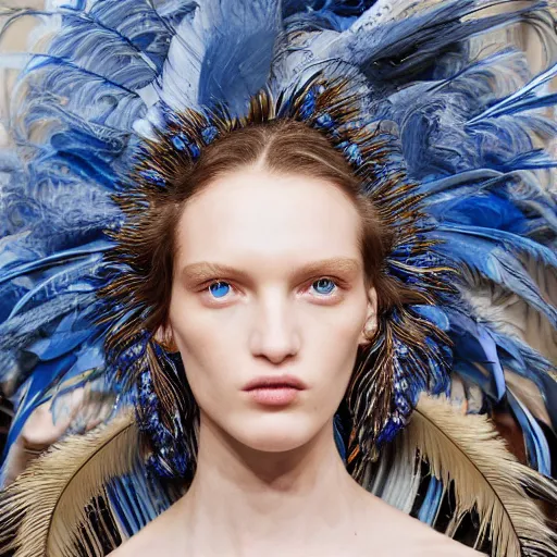 Prompt: close up of face of a fashion model in a blue dress made of feathers standing in a doorway, neoclassicism, hall of mirrors, elegant, official vogue editorial, highly detailed