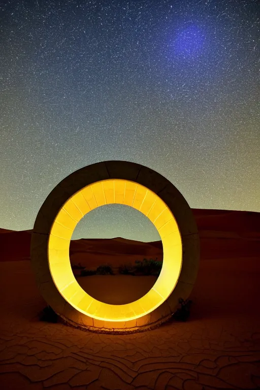 Image similar to a luminous circular stargate in the desert through which an ancient jungle is visible