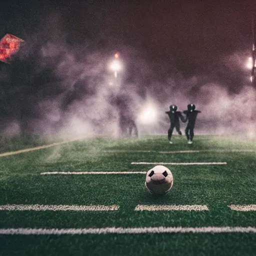 Image similar to low angle shot of football players about to collide, dramatic lighting, shallow depth of field, football players are made of yarn