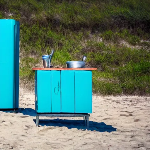 Prompt: blue refrigerator on beach with green sand