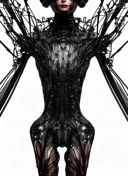 Prompt: catwalk, forest, iris van herpen gothic inflateble dark dress, perfect symmetrical body, helmet on face, full body shot, inflateble shapes, wires, tubes, veins, jellyfish, white biomechanical details, wearing epic bionic cyborg implants, masterpiece, intricate, biopunk, vogue, highly detailed, artstation, concept art, cyberpunk, octane render