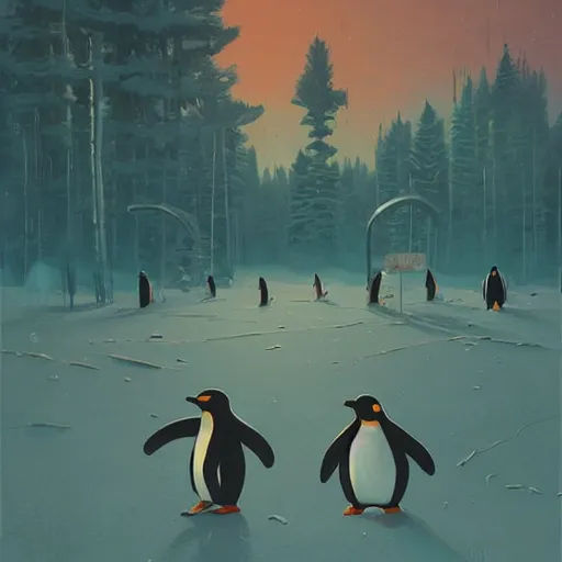 Prompt: penguin, art by simon stalenhag