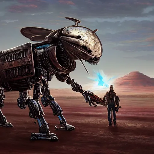 Image similar to giant horsefly robot monster attacking a silver school bus in the desert, ultra detailed, 8 k, greg rutkowski, artgerm, trending on artstation, award - winning art,