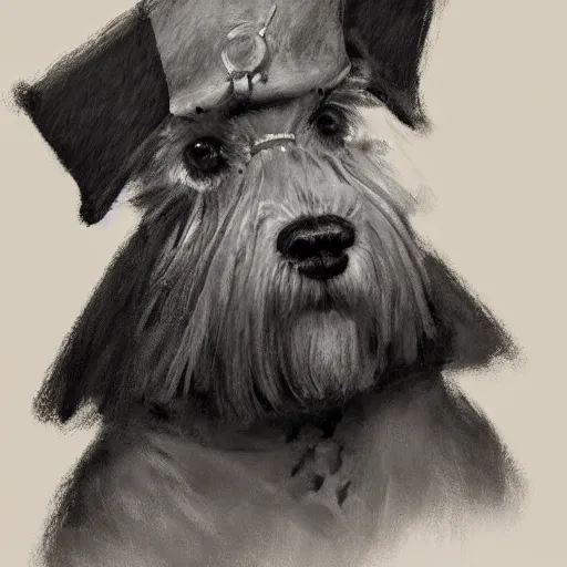 Prompt: portrait of stoic looking miniature schnauzer, military uniform, black fir, white eyebrows, fantasy, intricate, elegant, highly detailed, centered, dark, smokey, charcoal painting, digital painting, artstation, concept art, smooth, sharp focus, illustration, art by rembrandt van rijn