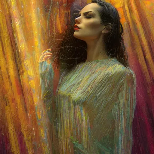 Image similar to detailed face of a woman clothed wrapped in textiles, lush, opulent, fauna, utopian, tech noir, wet reflections, prism, atmospheric, ambient, pj crook, syd mead, livia prima, artgerm, greg rutkowski, nick alm, casey baugh