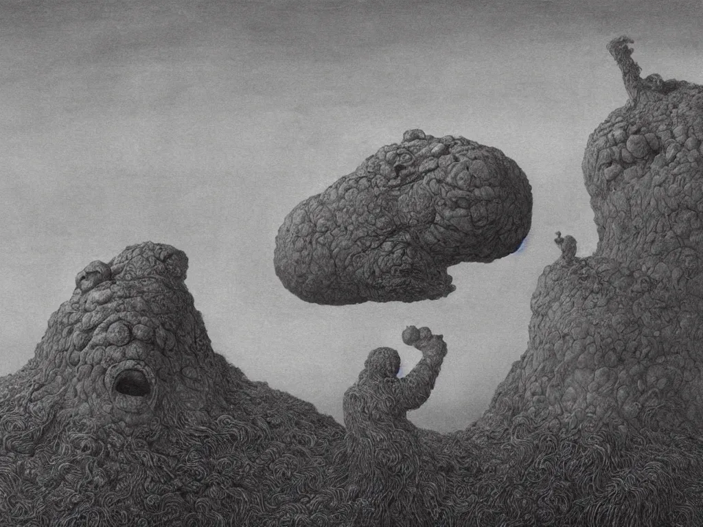 Image similar to Blazing primitive, thick-furred, bearded, evil man with giant reptilian plants on Jupiter a million years ago. Giant wind sculpted marbled boulders, menhirs, fog, spores. Artwork by Beksiński, Lucas Cranach, Moebius