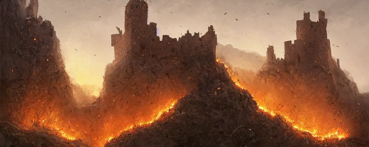 Prompt: monteriggioni highly detailed digital painting art artgerm greg rutkowski burning fires castle!!!!!!! cliff city!!!!!!!!!!! dystopian rubble!!!! magic mountainside dead!!!!!! army bodies!!!!!!! battle epic cinematic neoclassical atmospheric hazy rays sunrise golden hour trending artstation