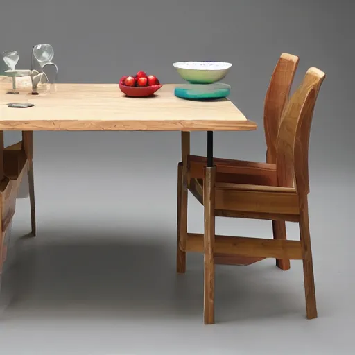 Image similar to a dining set made from pure recycled materials, conceptual art