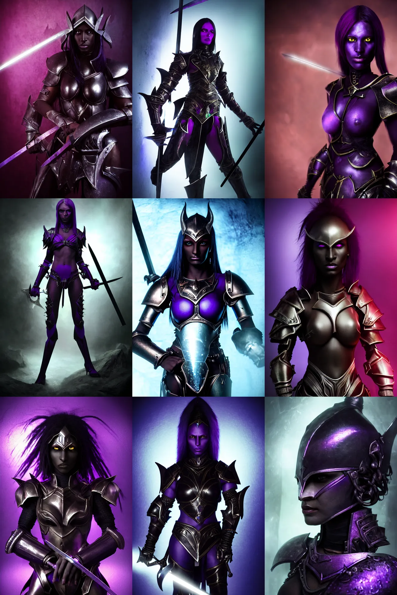 Prompt: an ultra high definition coloured portrait photograph of female dark elf with dark black purple skin wearing metal armour and sword sat in an underground environment. close up. three point lighting. volumetric. refraction. extremely detailed. soft focus. ambient light sources. haze artefacts, light glare, art directed. filmic. fantasy.