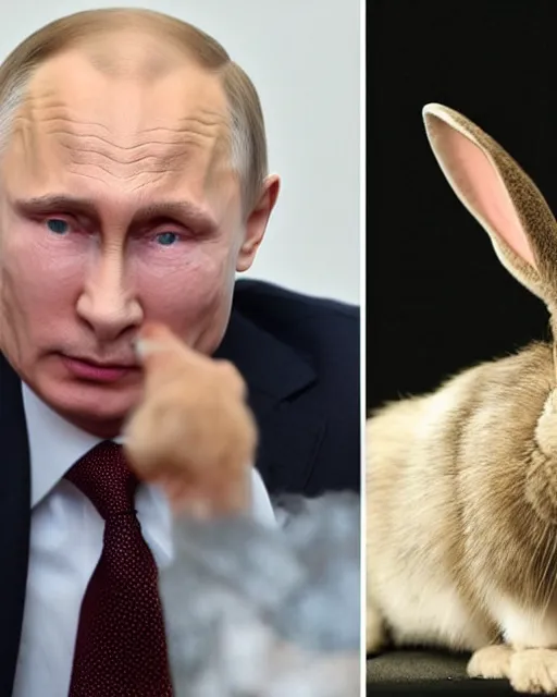 Prompt: vladimir putin transformed into a rabbit man, hyperreal, metamorphosis