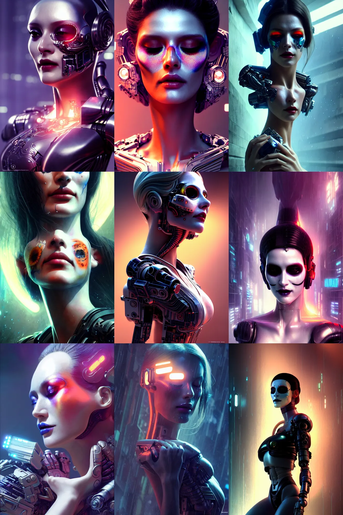 Prompt: beautiful android woman, eyes closed, photorealistic cinematic, 3 d model, cyborg, translucent, postcyberpunk, blade runner, octane render, concept art, vogue, 8 k, intricate detailed environment ( ( el dia los muertos ) ). by terry oneill and karol bak and and artgerm and kuciara and mucha