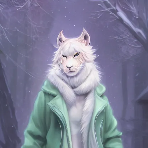 Image similar to aesthetic portrait commission of a albino male furry anthro Liger wearing a cute mint colored cozy soft pastel winter outfit, winter Atmosphere. Character design by charlie bowater, ross tran, artgerm, and makoto shinkai, detailed, inked, western comic book art, 2021 award winning painting