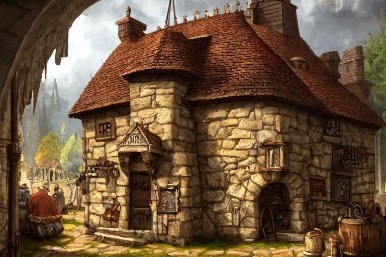 Image similar to A tiny medieval tavern viewed from the outside, texture, intricate, details, highly detailed, masterpiece, architecture, building, trending on artstation, focus, sharp focus, concept art, digital painting, fantasy, sunny, day, midday