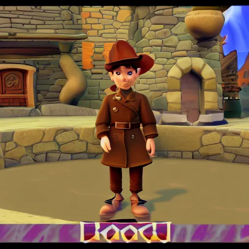 Image similar to screenshot of a cute humanoid inspector dragon with a brown trenchcoat as an npc in spyro the dragon video game, with playstation 1 graphics, activision blizzard, upscaled to high resolution