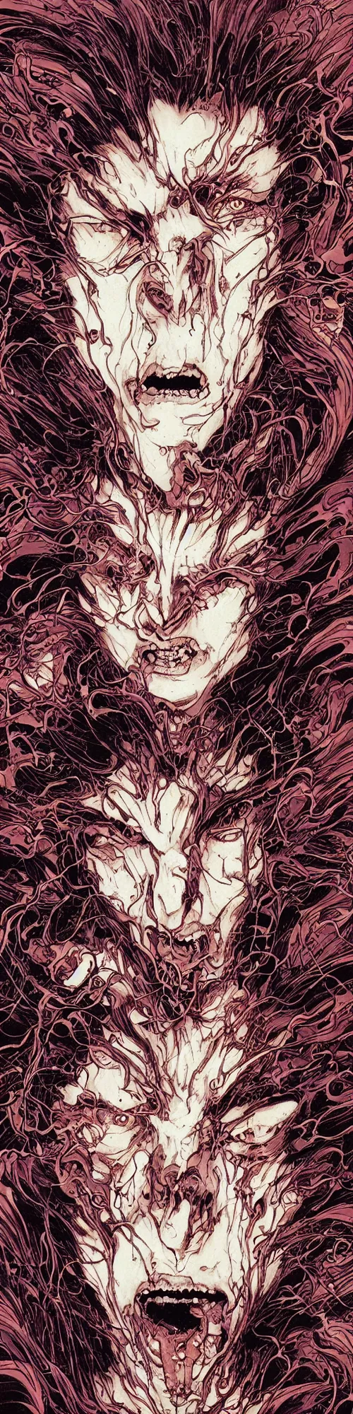 Image similar to closeup of face melting, vampire, by yoichi hatakenaka, masamune shirow, josan gonzales and dan mumford, ayami kojima, takato yamamoto, barclay shaw