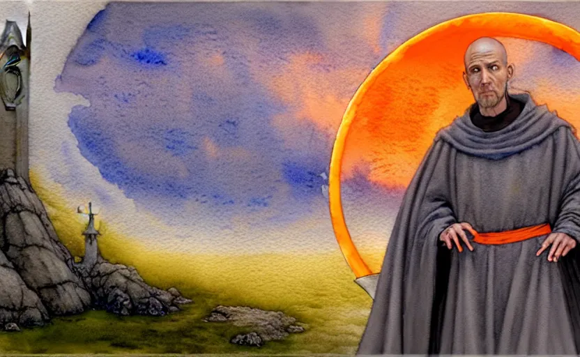 Prompt: a hyperrealist watercolor concept art of a medieval monk in grey robes with an orange sunset sky. a stargate is in the background and an blue sky is seen through the stargate. very muted colors, by rebecca guay, michael kaluta, charles vess. high detail, hq, wide shot, 4 k