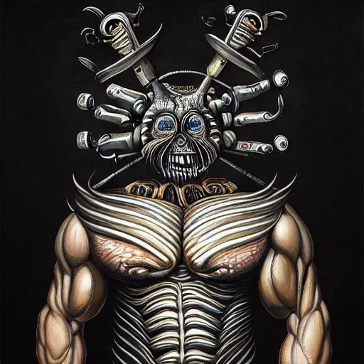 Image similar to beautiful painting of a thousand-eyes cleaver-headed muscular chef in the style of Welder Wings and H. R. Giger. Dark background, detailed, trending on Artstation