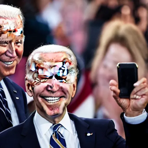 Prompt: joe biden taking a selfie whilest looking at the camera with a confused glance and a crowd of people behind him.