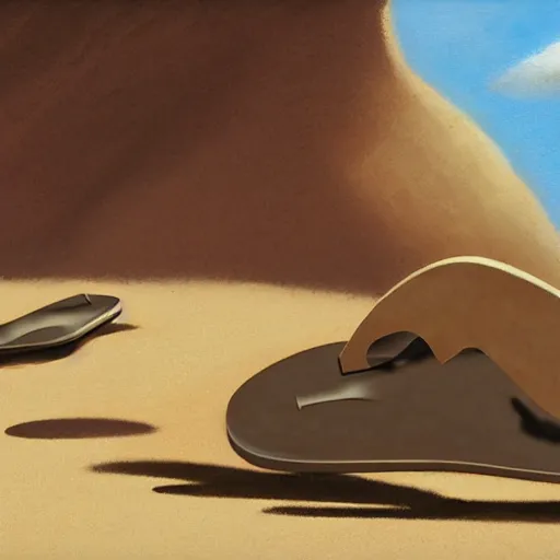 Image similar to a concept art of a pair of flip flops in the sand, by Craig mullins, Steve Purcell, Ralph McQuarrie. Centered image, no background