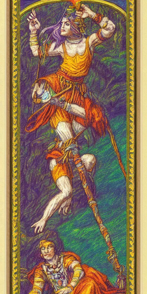 Image similar to the fool tarot card, pastel impressionist, intricate border, insanely detailed, 8 k scan, in frame, satisfying, clever