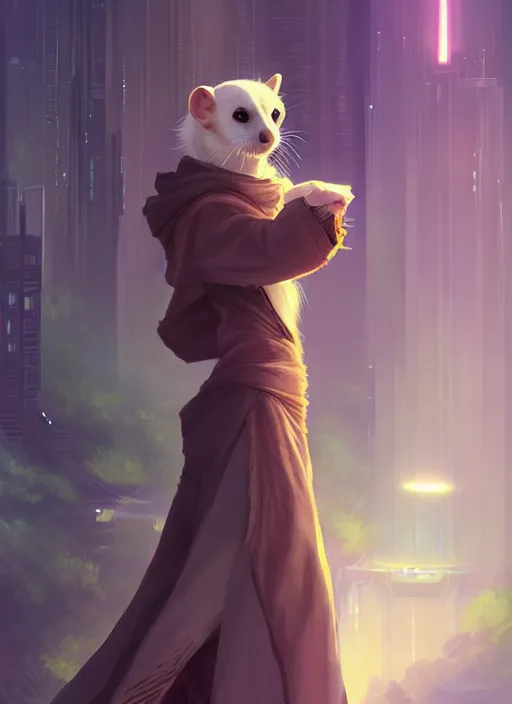 Prompt: commission of a beautiful portrait of a female anthro ferret fursona wearing jedi robes in a forested cyberpunk city. character design by charlie bowater, ross tran, artgerm, and makoto shinkai, detailed, soft lighting, rendered in octane