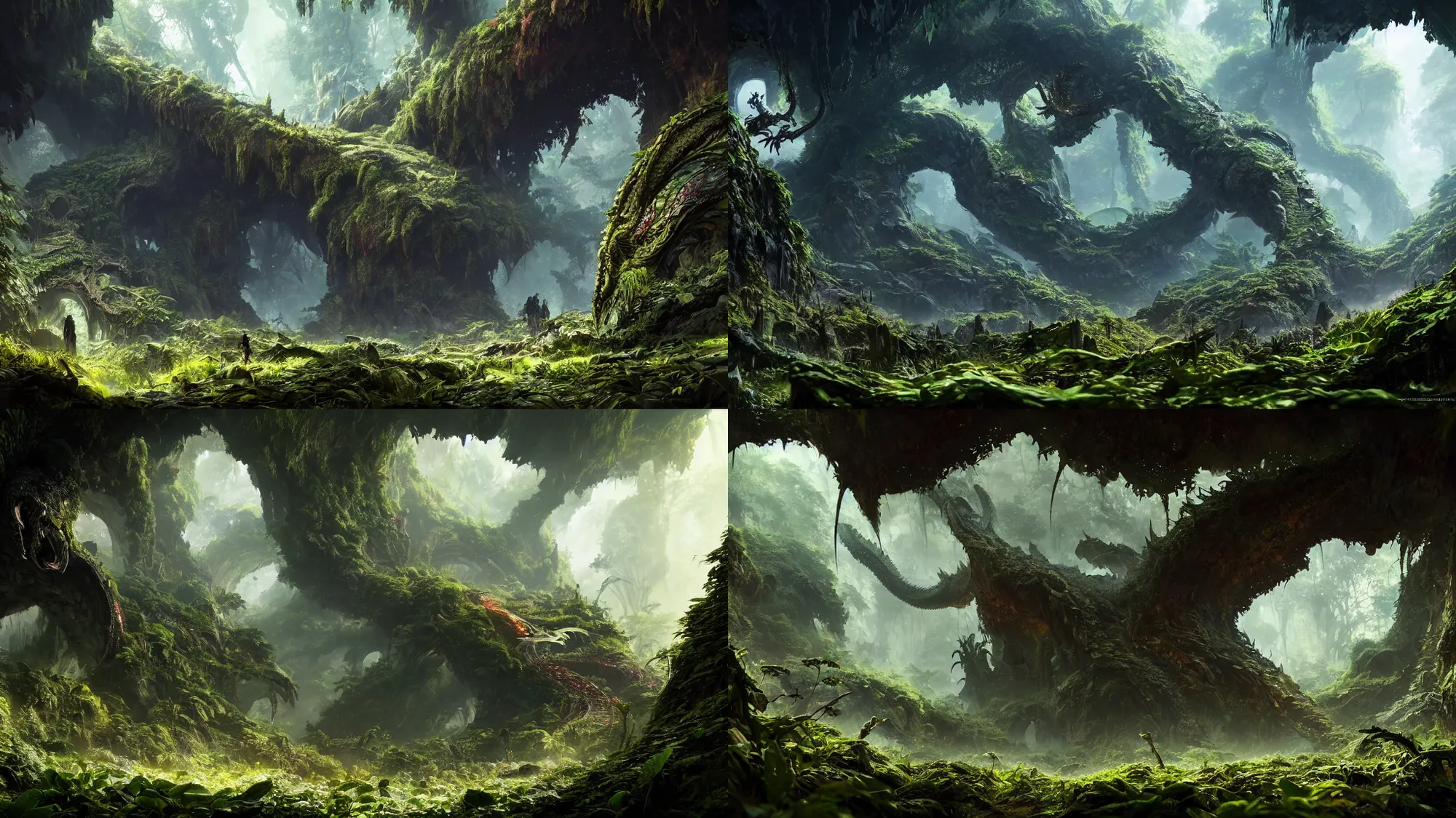 Prompt: an overgrown forest, gigantic dragon, vine-covered cave entrance in shadow, Wadim Kashin, in Peter Elson color scheme, featured in artstation, octane render, cinematic, elegant, intricate, 8k