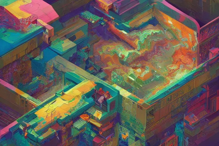 Prompt: isometric fractal, illustration painting, oil on canvas, intricate, portrait, detailed illustration, hd, digital art, overdetailed art, concept art, complementing colors, detailed, illustration painting by fort iron, digital art, overdetailed art, concept art, complementing colors rendered by beeple, syd meade,