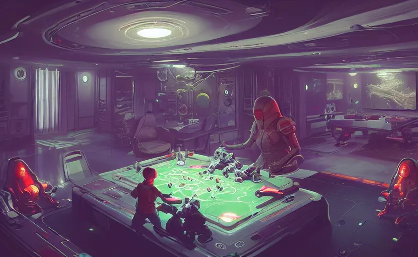 Prompt: two alien playing game at its spacious gaming room, hi - tech gaming setup, intricate, led lights, retro - futurism, indoor, spacious, artstation, art by filip hodas and artgerm