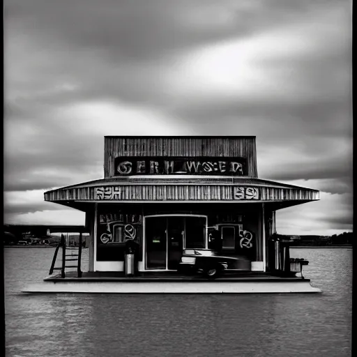 Prompt: film photography of a 1920s wooden gas station at night underwater in front of colourful underwater clouds by Kim Keever. In the foreground floats a seasnake. low shutter speed, 35mm