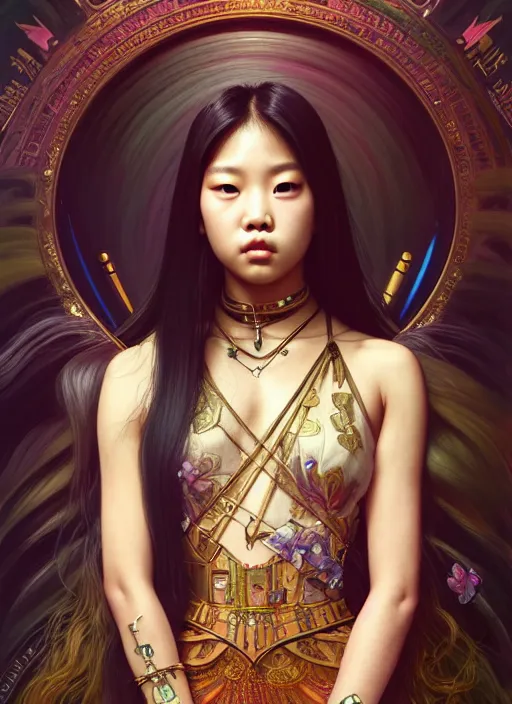 Image similar to jennie kim of blackpink, queen, tarot card, highly detailed, digital painting, smooth, sharp focus, illustration, ultra realistic, unreal engine, 8 k, art by simon bisley and greg rutkowski and alphonse mucha