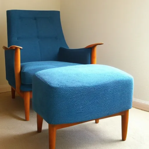 Image similar to a soft comfortable long chair, birch wood, tall, mid century modern, with an antique blue cotton ottoman