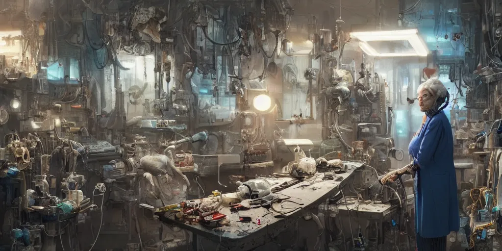 Image similar to an environmental concept art of an elderly woman cyberneticist in a cluttered workshop, surgical implements, surgery theatre, robotic arm, blood spatter, highly detailed, cinematic, dramatic, cyberpunk, dieselpunk, scifi space station, horror, ( bladerunner 2 0 4 9, cyberpunk 2 0 7 7 )