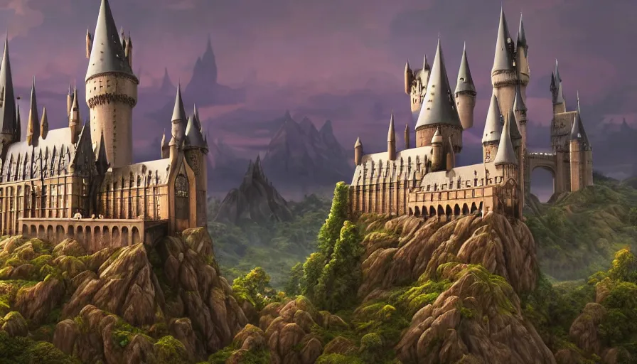 Image similar to A highly detailed matte painting of Hogwarts, the huge castle, by Studio Ghibli, Makoto Shinkai, by Artgerm, by beeple, volumetric lighting, octane render, 4K resolution, trending on artstation, masterpiece