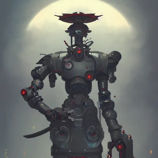 Image similar to robot as an samurai, backround dark, highly detailed, digital illustration, trending in artstation, modern painting, smooth, sharp focus, intricate, by peter mohrbacher