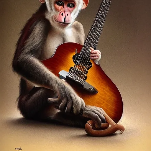 Prompt: Realistic Monkey playing Rudolph Schenker's guitar, by Antonio Caparo and Ferdinand Knab and Greg Rutkowski UHD photorealistic trending on artstation