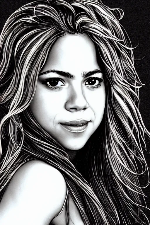 Prompt: closeup portrait of sexy shakira with long hair, drawn by robbie trevino and rembrandt poster, digital art, comic art, concept art,, single head, no double head,