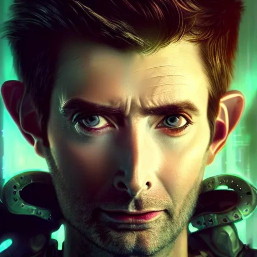 Prompt: portrait painting of a cyberpunk elven cyborg david tennant with thin pointy ears, ultra realistic, concept art, intricate details, eerie, highly detailed, photorealistic, octane render, 8 k, unreal engine. art by artgerm and greg rutkowski and charlie bowater and magali villeneuve and alphonse mucha