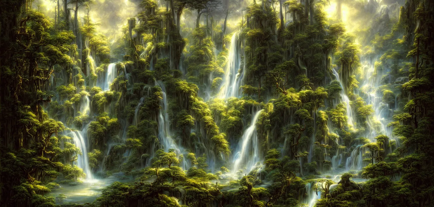 Image similar to a painting of a waterfall in a random magic forest, a detailed matte painting landscape by todd lockwood, deviantart, fantasy art, matte painting, matte drawing, airbrush art