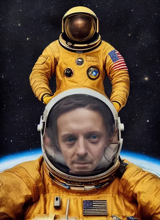 Prompt: a portrait of a man with a space suit on, a colorized photo by sam spratt, trending on cgsociety, retrofuturism, colorized, da vinci, art on instagram