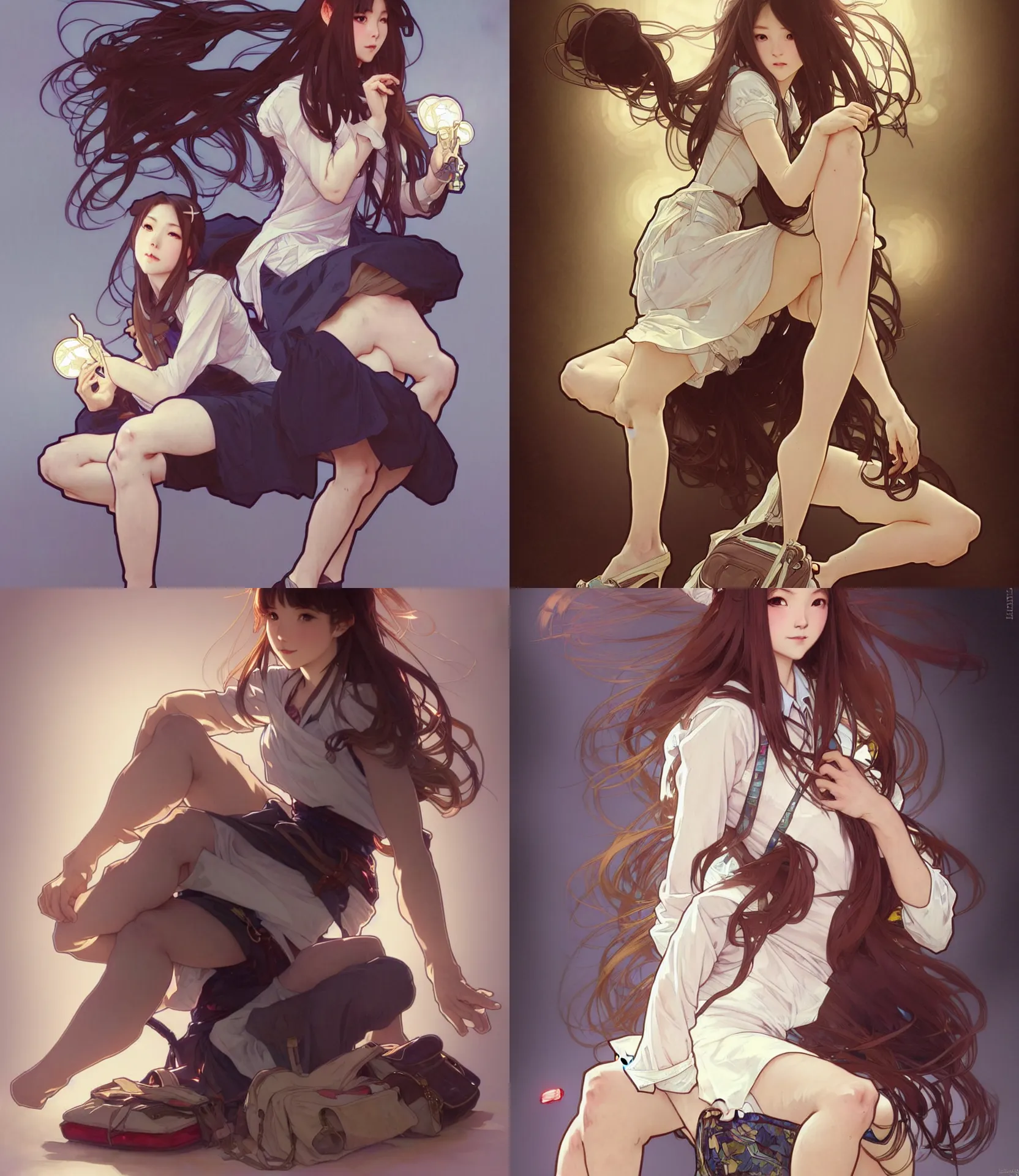 Prompt: a digital concept art by artgerm and greg rutkowski and alphonse mucha. full body!! clear portrait of a squatting attractive japanese school girl in uniform!! sit on heels!! school bag, light effect. hyper detailed, character concept, glowing lights!! intricate, elegant, digital painting, artstation, smooth, sharp focus