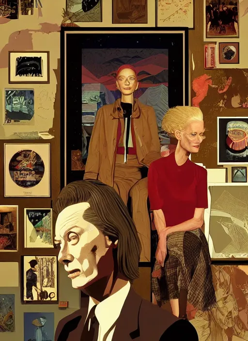 Image similar to Twin Peaks poster artwork by Michael Whelan, Bob Larkin and Tomer Hanuka, Karol Bak of portrait of radio host Tilda Swinton hanging out in her studio radio sound booth, from scene from Twin Peaks, simple illustration, domestic, nostalgic, from scene from Twin Peaks, clean, cover of New Yorker magazine