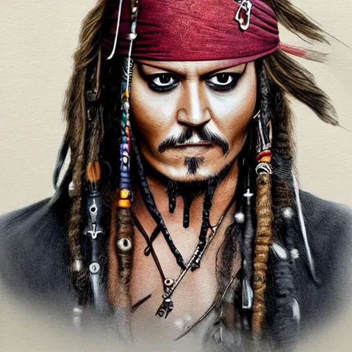 Image similar to portrait of johnny depp as captain jack sparrow, highly detailed, centered, solid color background, digital painting