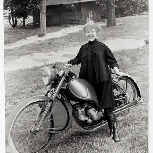 Image similar to a photo by ansel adams of a slender beautiful woman with straight ginger hair and bangs, wearing purple leathers and gold helmet, posing with large ginger tabby and raccoon on a motorcycle in her front yard, holding coffee mug and toasted brioche bun, 8 5 mm lens