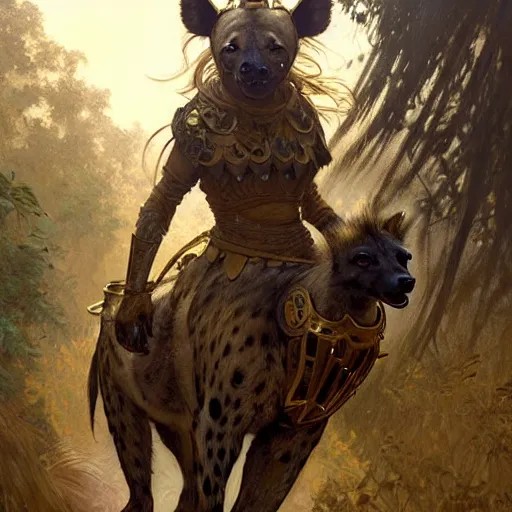 Image similar to a long shot photo of a humanoid hyena were a heroic armour an gold helmet in the forest, long hair, highly detailed, digital painting, artstation, smooth, sharp focus, illustration, art by artgerm and greg rutkowski and alphonse mucha